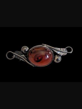 Vintage 925 Sterling Natural Amber Leaf Pattern 2.45" Wide Oxidized Brooch